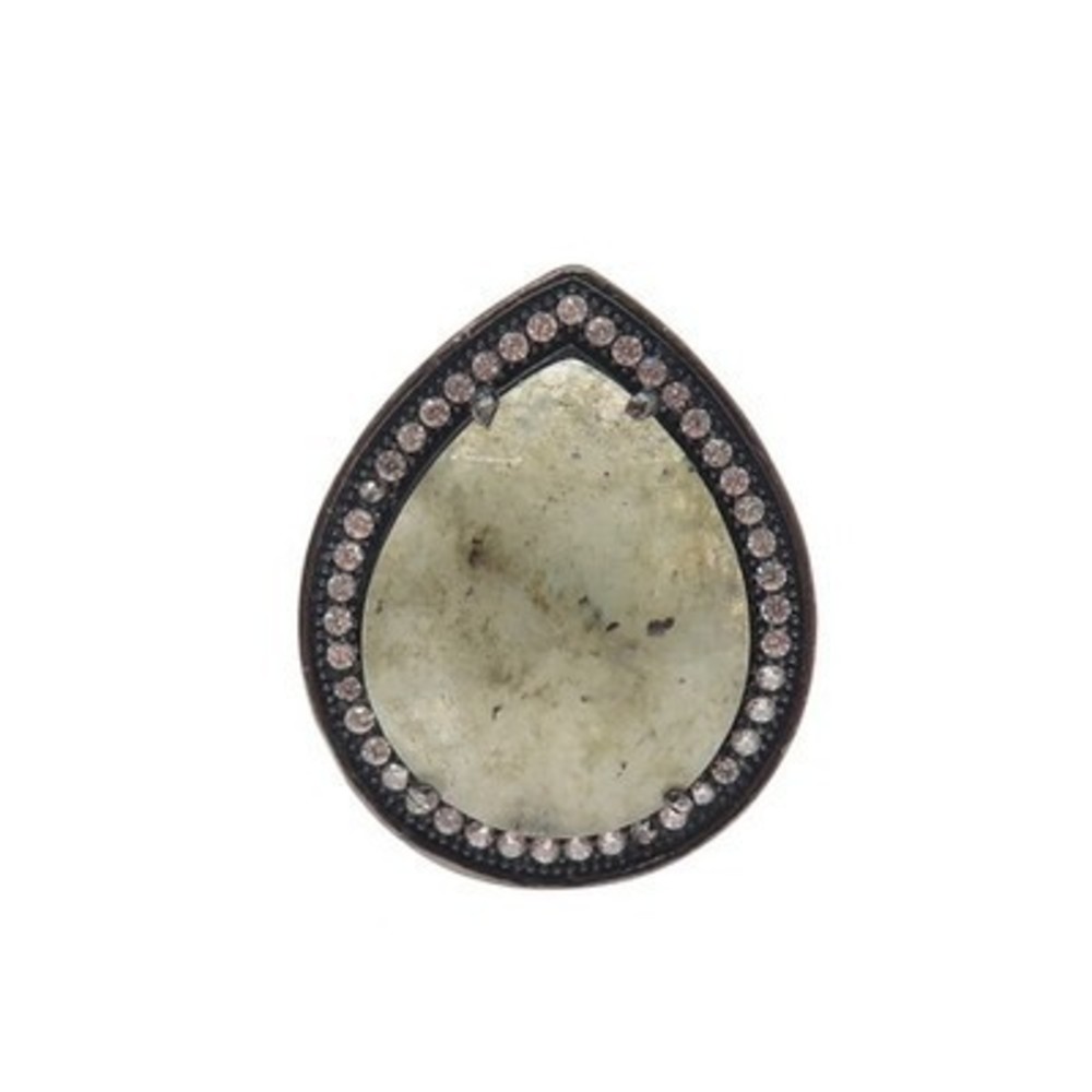 925 Sterling Silver Black Rhodium Real Labradorite & C Z Teardrop Ring Size 9.25 - Picture 3 of 8
